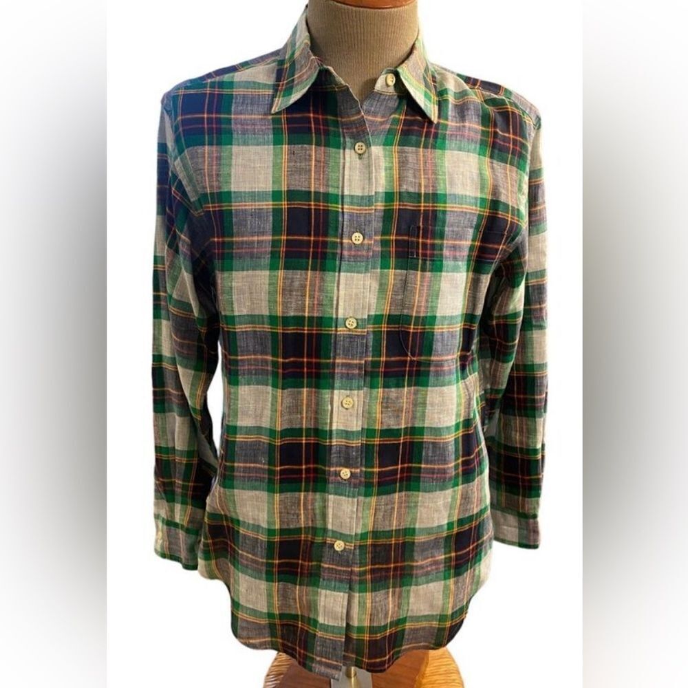 4 For 20 100% Linen Green Plaid Button-Up Shirt